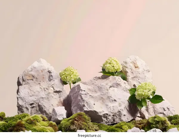 White Flowers Growing on Rocks and Moss