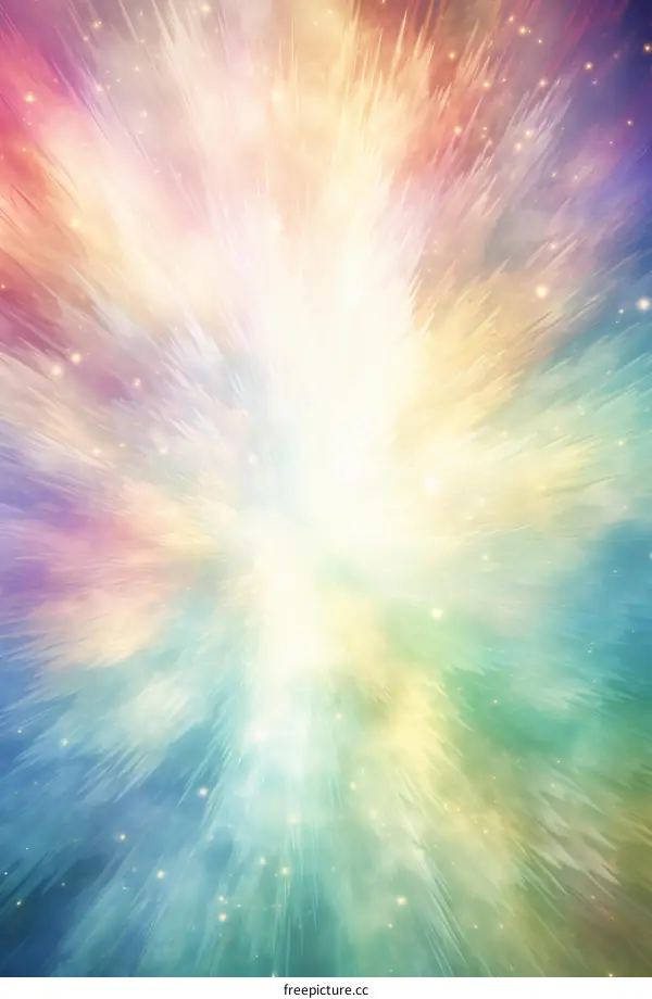 Colorful abstract painting with a bright center and rays of light