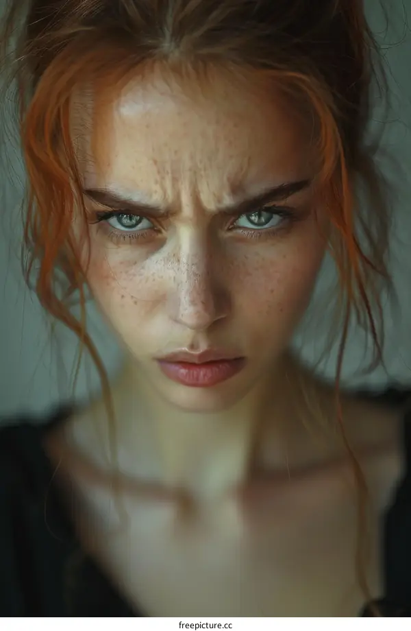 Redheaded Woman with Frowning Expression