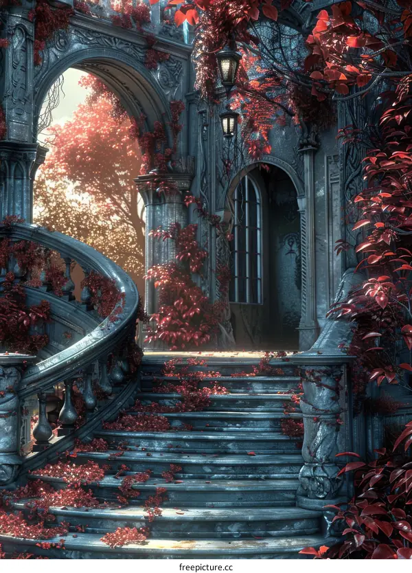 Stairway to a Gothic Castle with Red Leaves