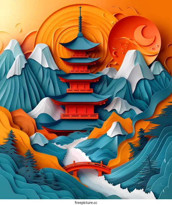Paper Cut Art Of Japanese Pagoda Mountains And Bridge