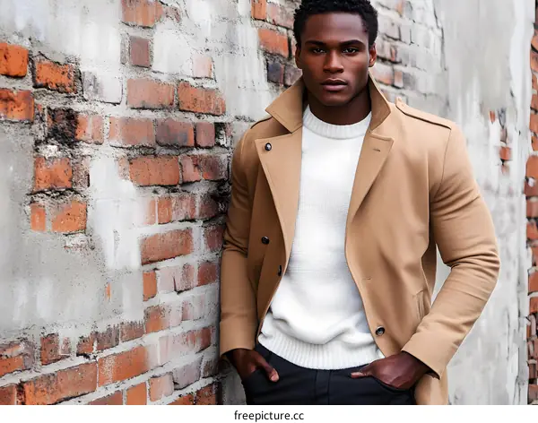 Stylish African American Man Wearing a Tan Coat and Standing Against a Brick Wall