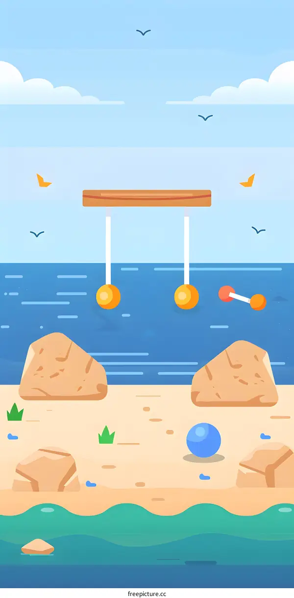 Summer Beach Illustration With Wooden Beam and Colorful Balls