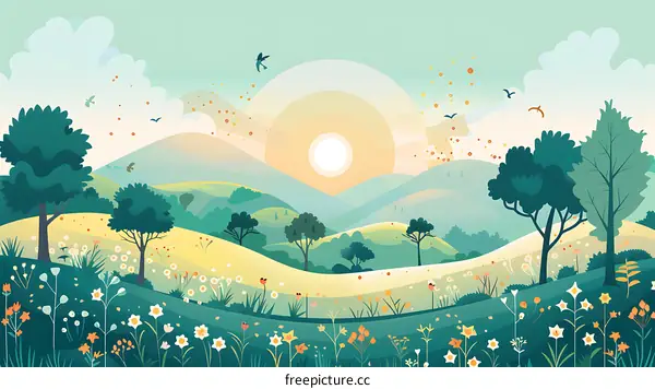 Sunrise over Green Hills with Flowers and Birds