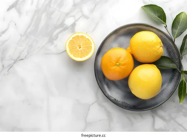 Fresh Lemons and Oranges on a Marble Surface