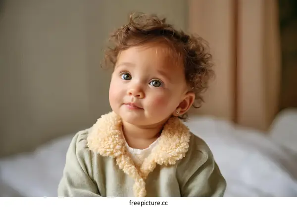 Adorable Baby Girl Portrait in a Pastel Green Jacket