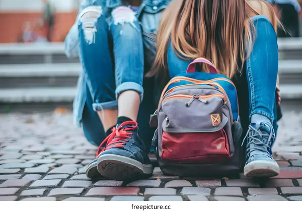 Two Young Girls Sitting on Pavement with Backpack