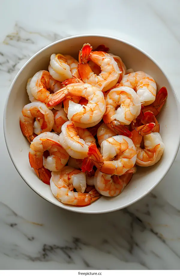 A bowl of cooked shrimp on a marble table