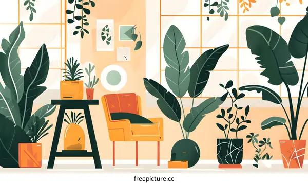 Green Plants in Living Room Interior Design Illustration