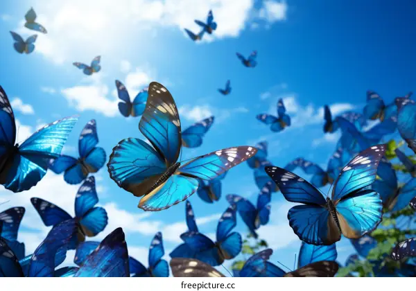 Blue butterflies in flight