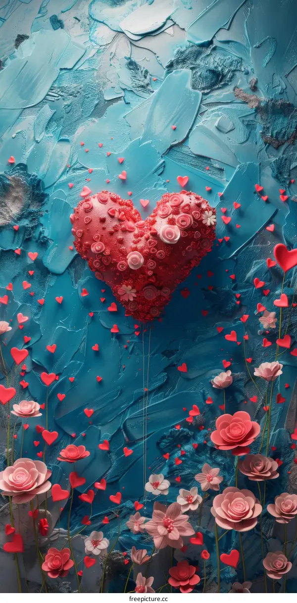 Pink and Red Heart Balloon on Blue Textured Background