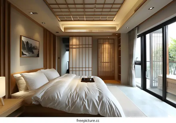 Modern Japanese Style Bedroom Interior Design with Sliding Doors and Wood Accents