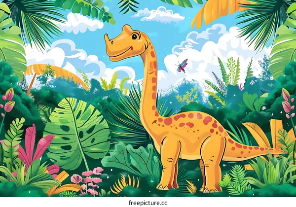 Cute Cartoon Dinosaur In Lush Jungle