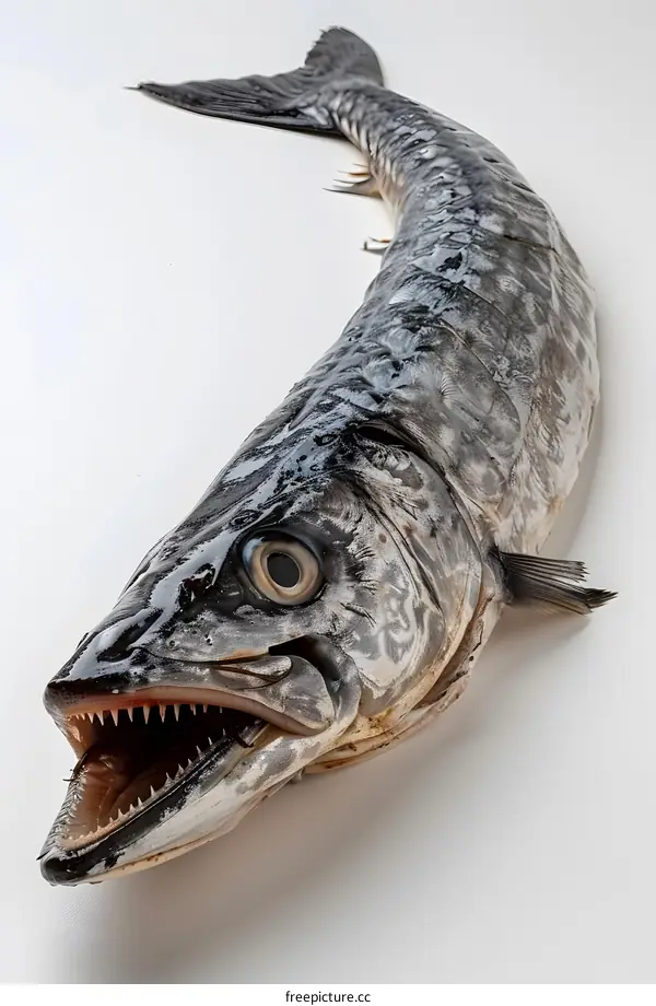 A large fish with sharp teeth lies on a white table
