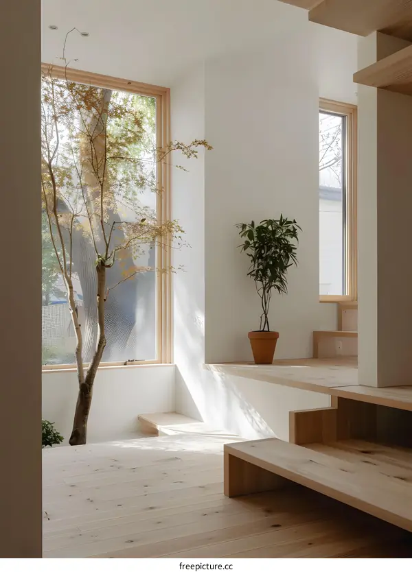 Minimalist Interior Design With Wooden Steps and Large Window