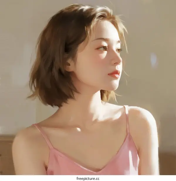 Portrait of a young woman with short brown hair and pink camisole