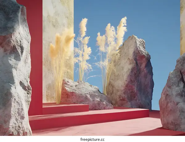 Minimalist Abstract Scene With Rocks And Grass