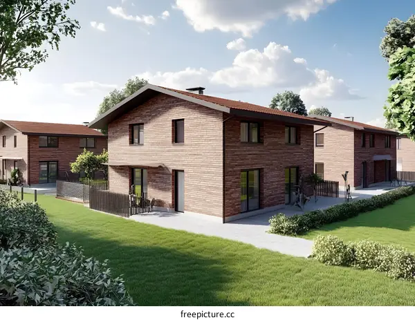 Modern Brick House with Green Lawn and Backyard