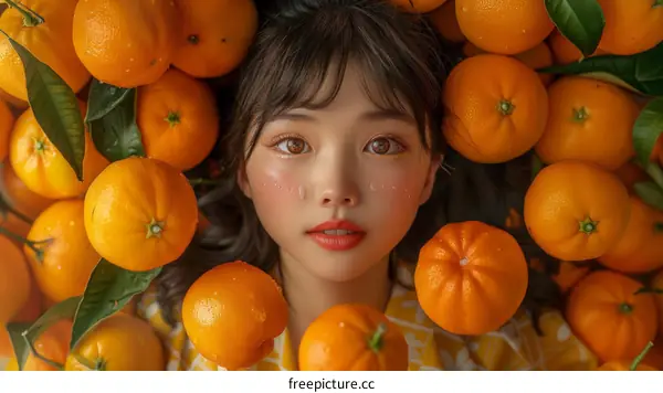 Young Asian Woman Holding Oranges