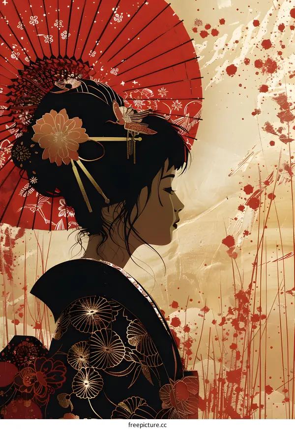 Japanese Woman with Umbrella in Traditional Dress