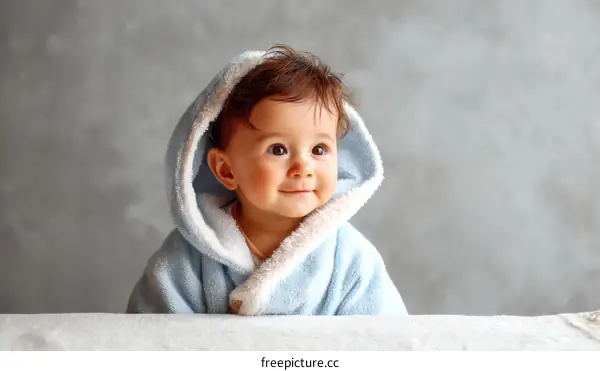 Adorable Baby in a Light Blue Bathrobe