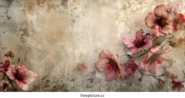 Pink hibiscus flowers on beige background texture