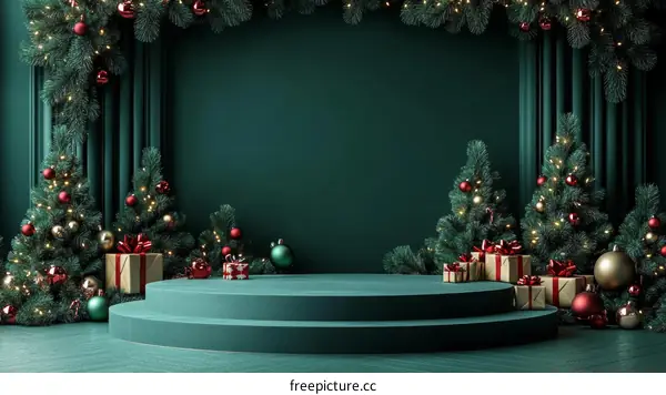 Christmas Scene with Decorated Christmas Trees and Gifts