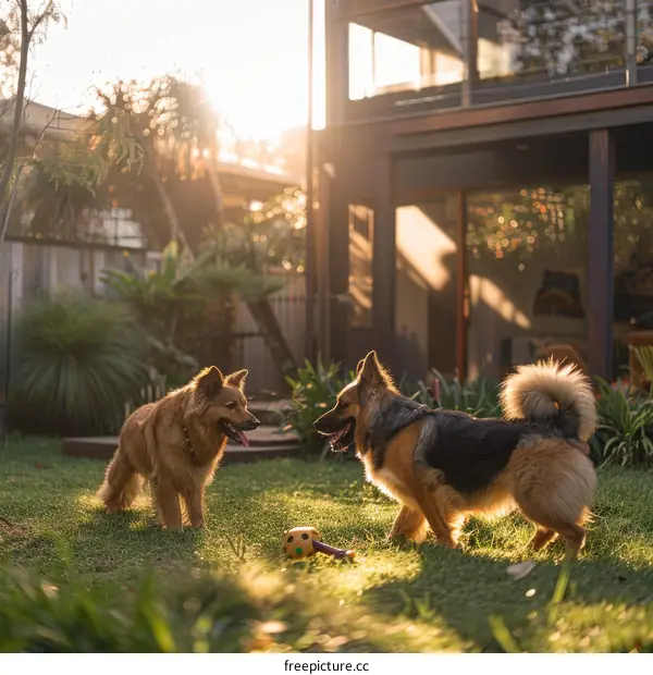 Two dogs playing in the backyard