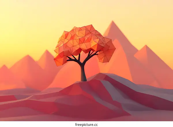 Low Poly Tree Illustration With Sunset Background