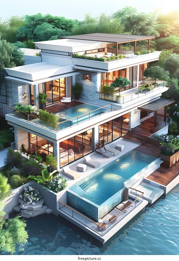 A stunning modern villa with a pool and a view of the lake