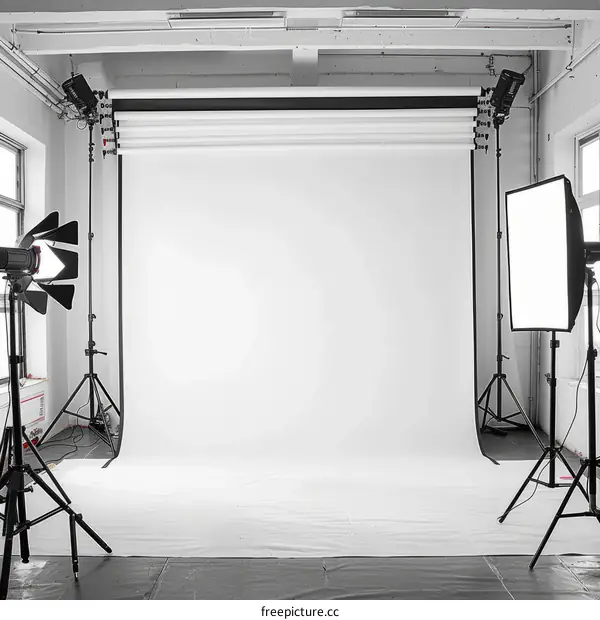 Professional Photo Studio with White Backdrop and Lighting Equipment