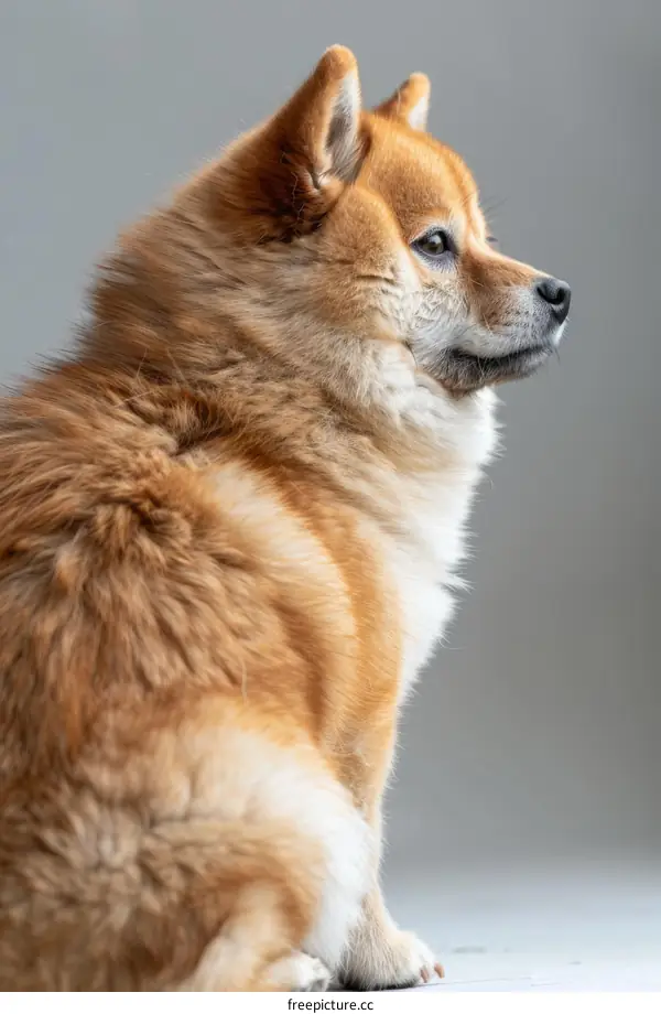 Fluffy orange dog looking away from the camera