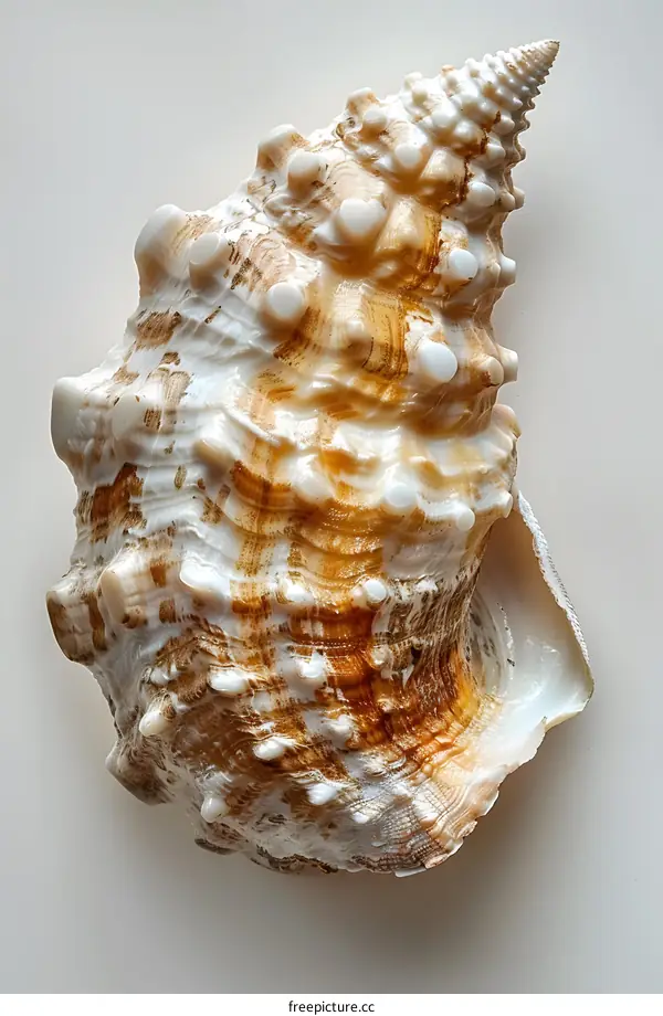 A large conch shell with a white and brown spotted pattern