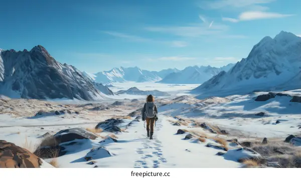 Solitude in the Snowy Mountains: Woman Hiking Alone