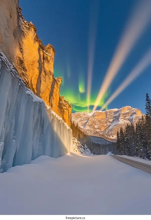 Aurora Borealis Over Frozen Waterfall in Winter Mountains