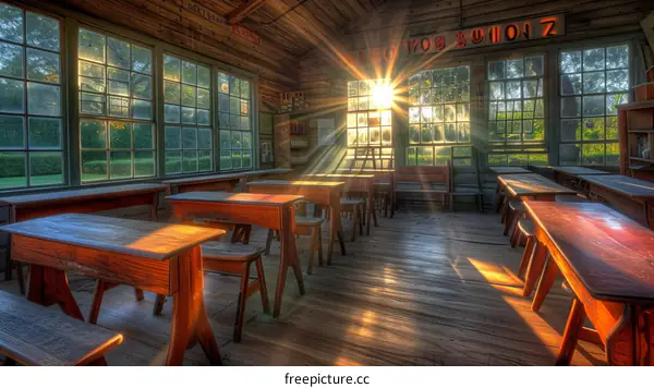 Vintage Schoolhouse Interior with Sunlight Streaming Through Windows