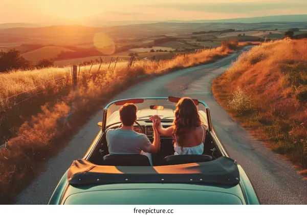 Young couple driving on a countryside road at sunset