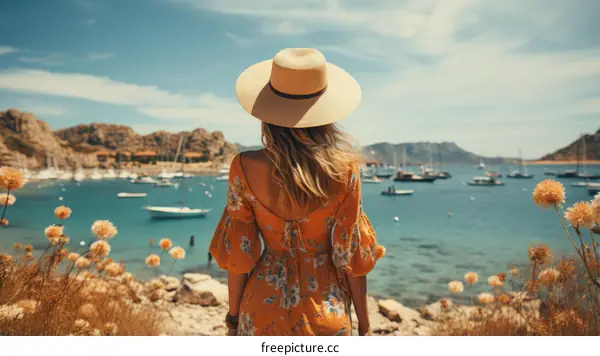 Lady in a straw hat standing on a cliff and looking at the sea