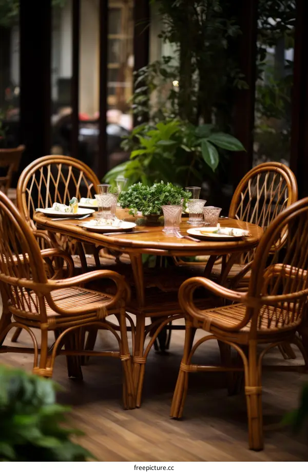 Wicker chairs and table in a sunroom with plants