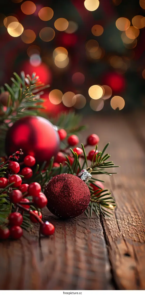 Red Christmas Ornaments on a Wooden Table
