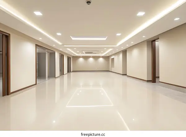Empty Modern Office Hallway With White Walls and Polished Tile Floor
