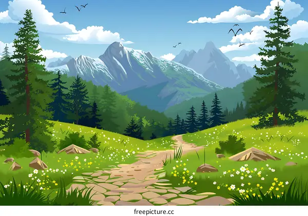 Mountain Landscape with Green Grass Path