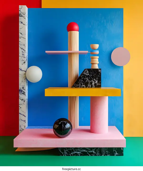 Abstract Geometric Shapes Composition with Colorful Blocks and Spheres
