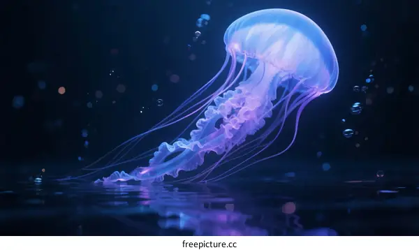 A Glowing Blue Jellyfish Floating in Dark Ocean Waters