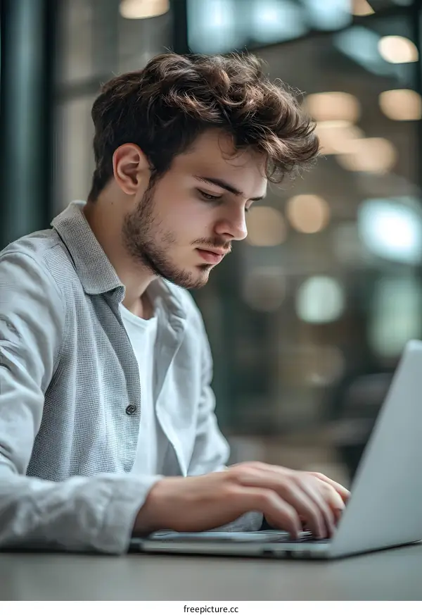 Young Man Working on Laptop in Office