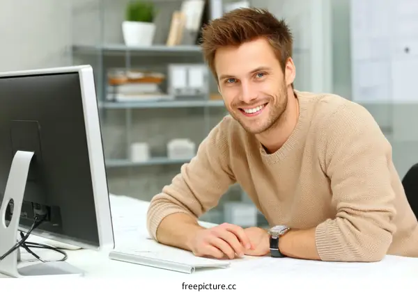 Smiling Caucasian Male at Desk with Computer