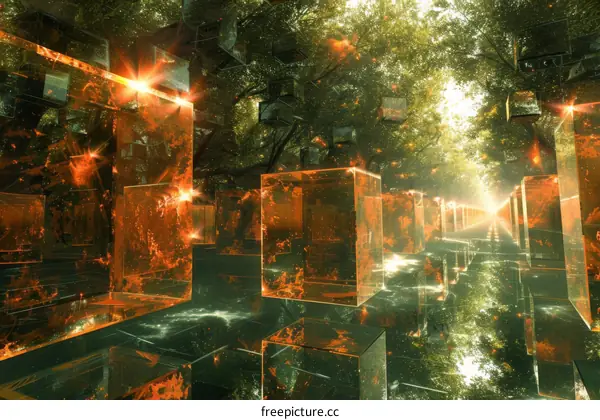 Surreal Digital Forest with Glowing Orange Crystals and Trees