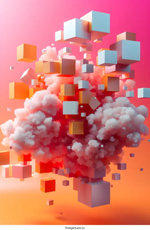 Colorful 3D cubes floating in a pink and orange mist
