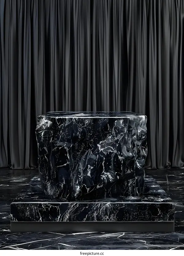 Black Marble Platform with Black Curtains Background