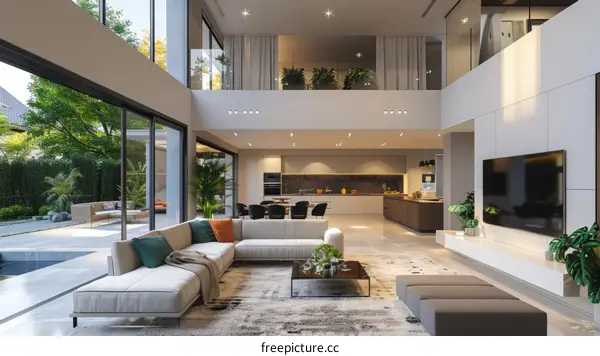 An illustration of a modern living room with a large glass window and a view of the garden